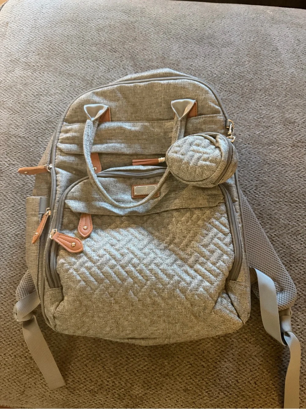 Grey Baby Diaper Backpack with Tan Accent Details